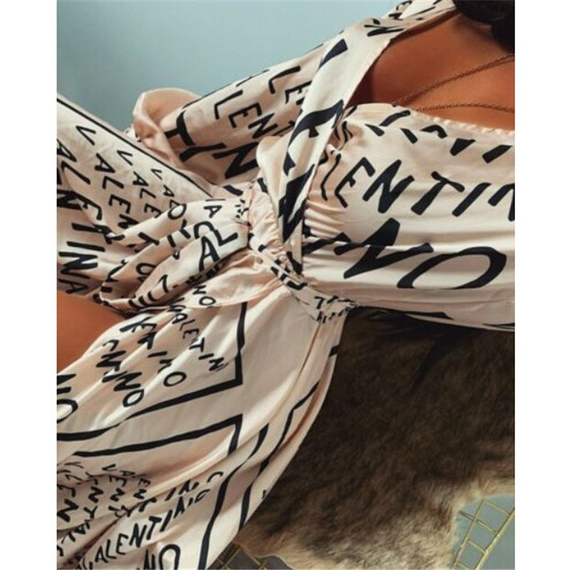 Autumn Spring Boho Long Sleeve Slit Maxi Deep V-neck Sundress