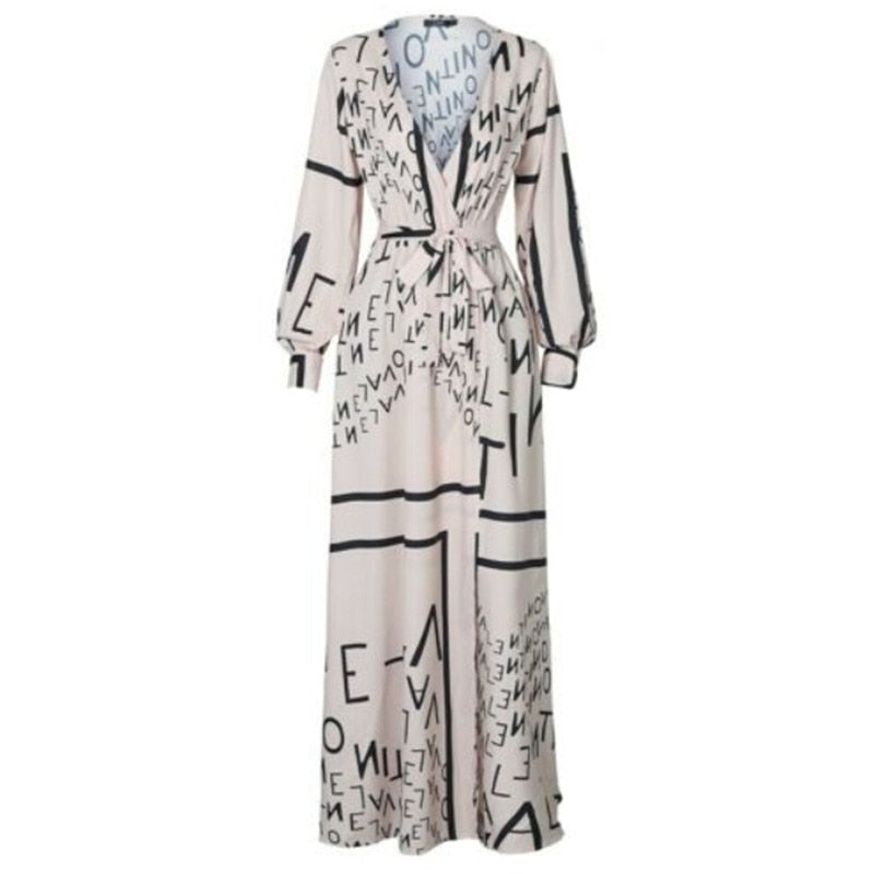 Autumn Spring Boho Long Sleeve Slit Maxi Deep V-neck Sundress