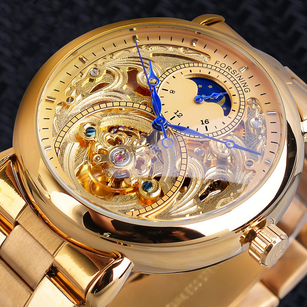 Automatic Mechanical Golden Moon Phase Business Steel Strap Watch