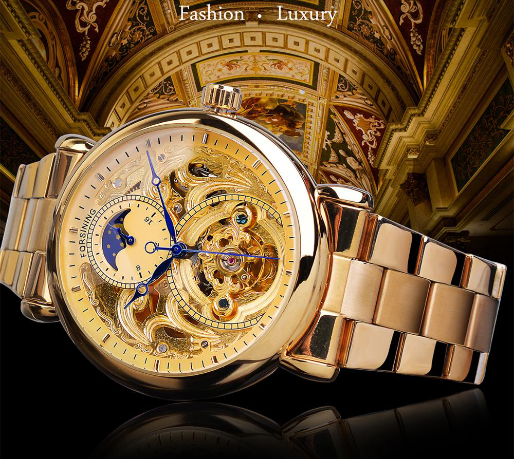 Automatic Mechanical Golden Moon Phase Business Steel Strap Watch