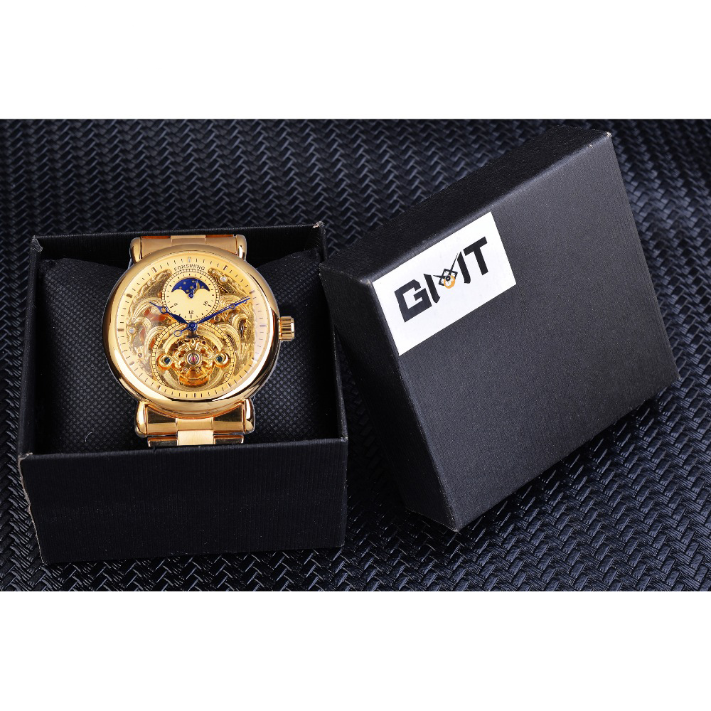 Automatic Mechanical Golden Moon Phase Business Steel Strap Watch