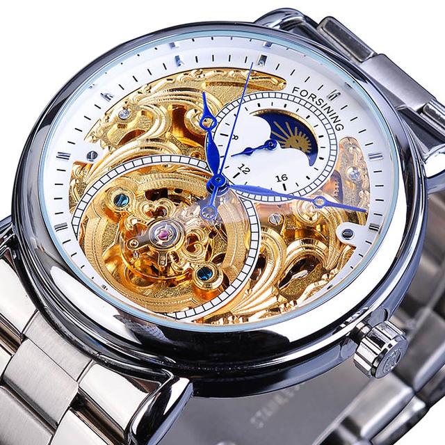 Automatic Mechanical Golden Moon Phase Business Steel Strap Watch