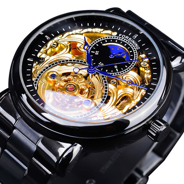 Automatic Mechanical Golden Moon Phase Business Steel Strap Watch