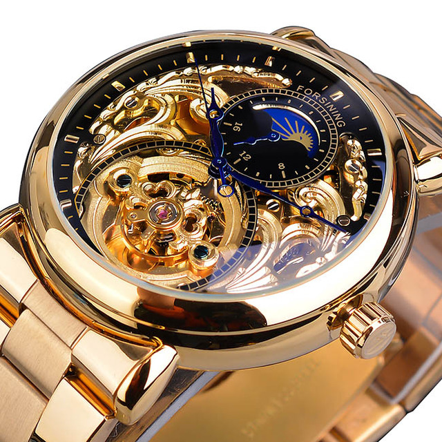 Automatic Mechanical Golden Moon Phase Business Steel Strap Watch