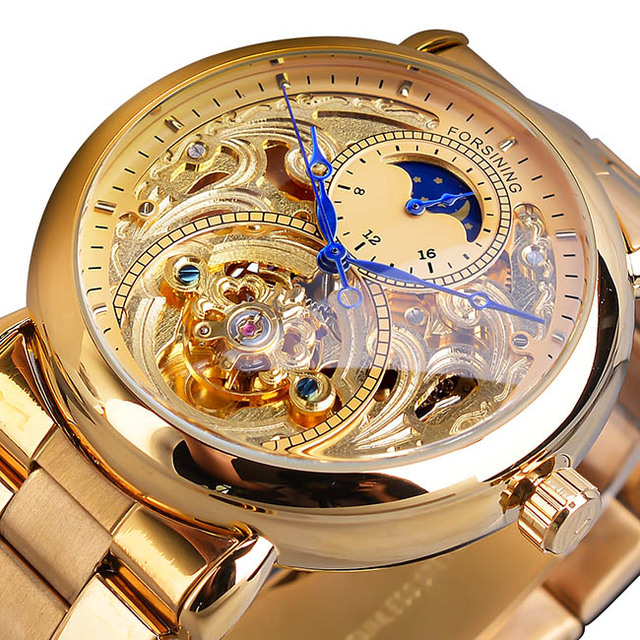 Automatic Mechanical Golden Moon Phase Business Steel Strap Watch