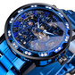 Transparent Diamond Mechanical Blue Stainless Steel Skeleton Watch