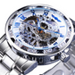 Transparent Diamond Mechanical Blue Stainless Steel Skeleton Watch