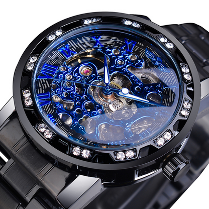 Transparent Diamond Mechanical Blue Stainless Steel Skeleton Watch