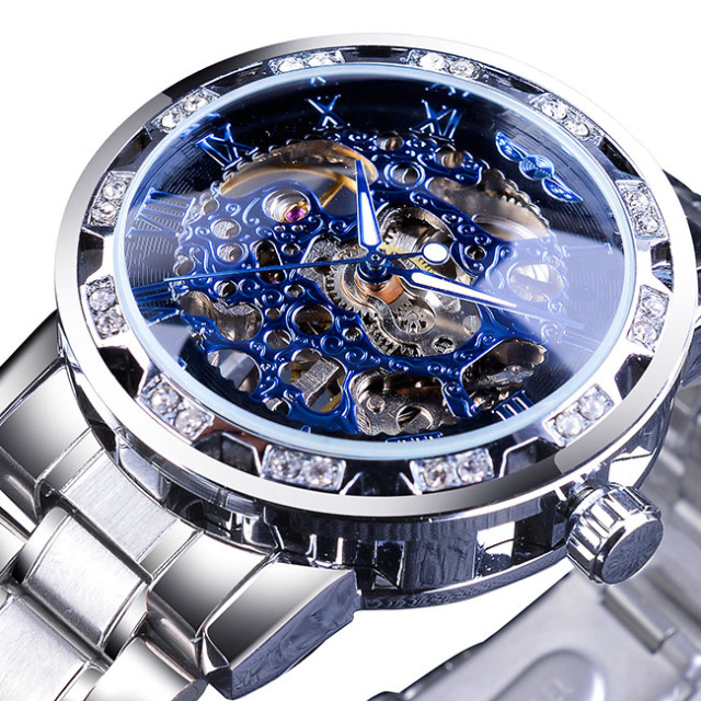 Transparent Diamond Mechanical Blue Stainless Steel Skeleton Watch