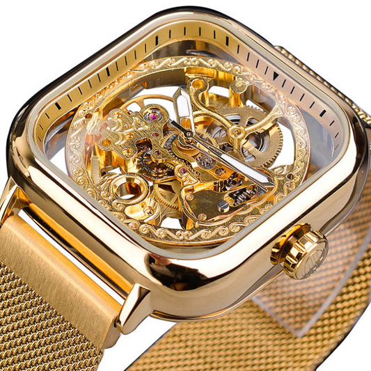 Golden Transparent Automatic Mechanical Self-Wind Skeleton Steel Mesh Watch