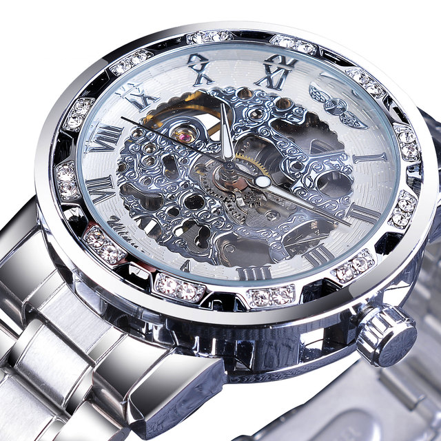 Transparent Diamond Mechanical Blue Stainless Steel Skeleton Watch