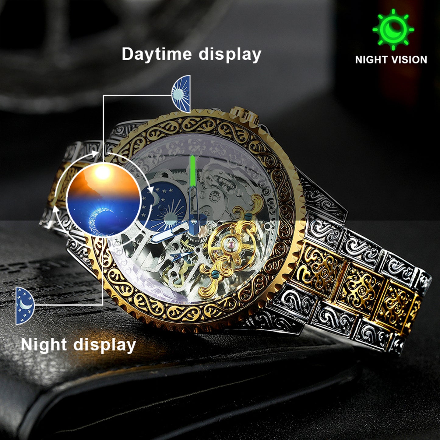 Automatic Tourbillon Engraved Vintage Moon Phase Mechanical Luminous Skeleton Dial Watch