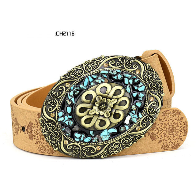 Women's Faux Leather Alloy Buckle Inlaid Color Stone Belt