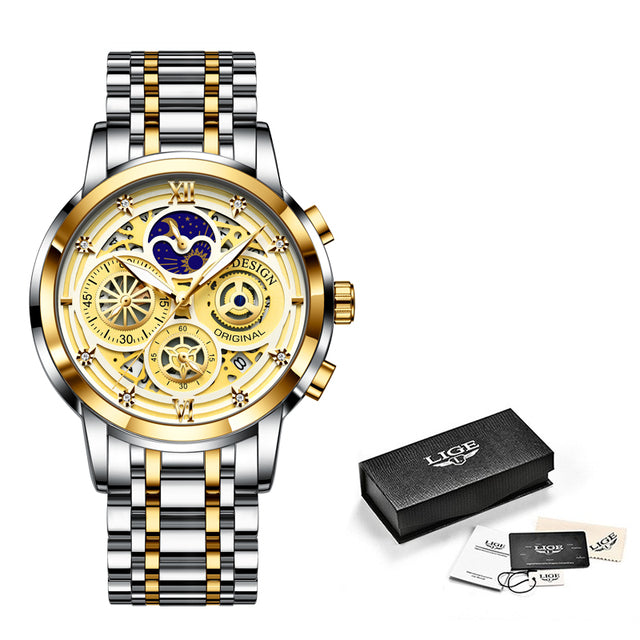 Gold Stainless Steel Quartz Men Waterproof Chronograph Watch