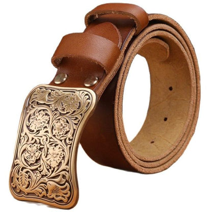 Genuine Full Grain Cowhide Leather Solid Brass Flower Buckle Belt