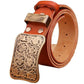 Genuine Full Grain Cowhide Leather Solid Brass Flower Buckle Belt